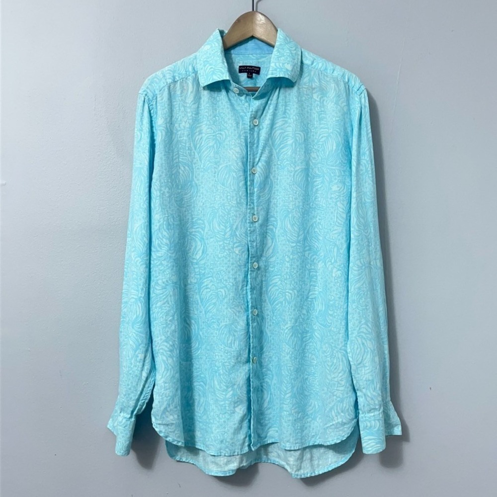 Lilly Pulitzer Jubilee Linen Shirt Men Large Blue Long Sleeve Resort
